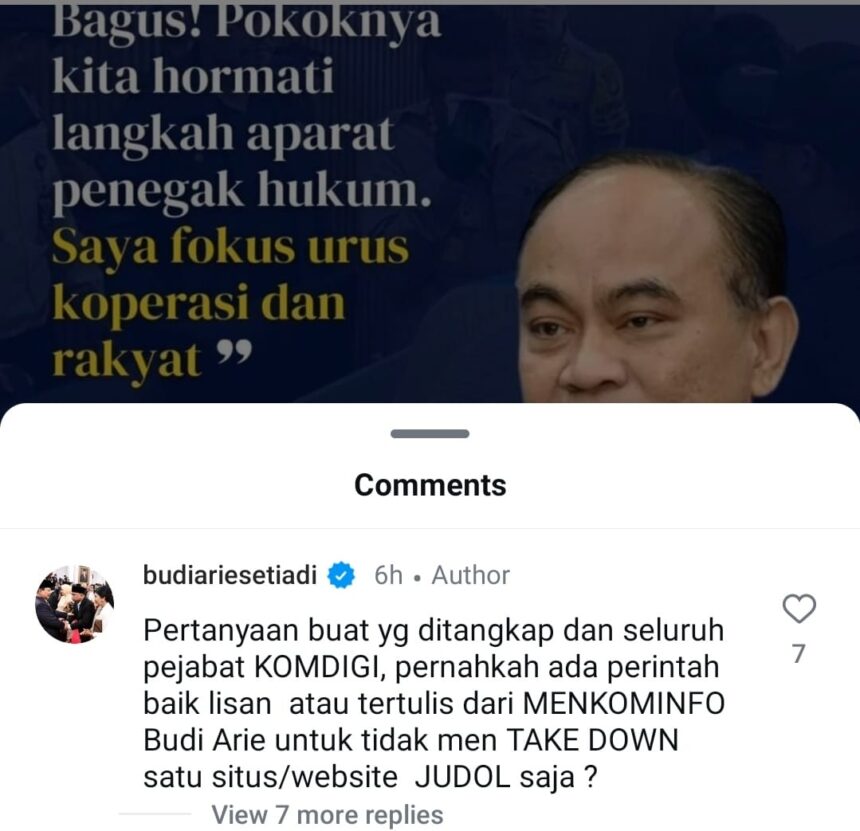 MEks Menkominfo Budi Arie mengklarifikasi kasus judi online yang melibatkan karyawan Komdigi. Tangkapan layar IG @budiariesetiadi