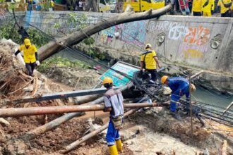 Sejumlah petugas gabungan pada Selasa (5/11/2024), melakukan perbaikan pada turap kali Utan Kayu di Kelurahan Utan Kayu Utara, Kecamatan Matraman, Jakarta Timur, yang longsor pada Minggu (3/11/2024) lalu. Foto: Ist