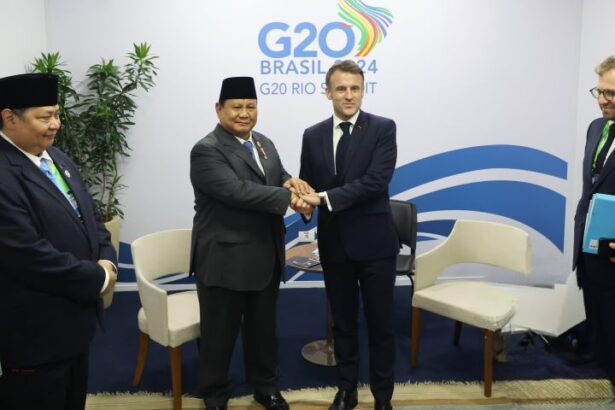 Presiden Prabowo Subianto saat bertemu Presiden Prancis, Emmanuel Macron, di sela-sela Konferensi Tingkat Tinggi (KTT) G20 di Brasil. Foto: Setneg