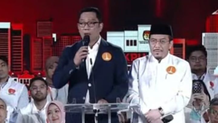 Pasangan cagub nomor urut 1, Ridwan Kamil-Suswono saat mengikuti debat ketiga.(Foto screenshot YT TVone)