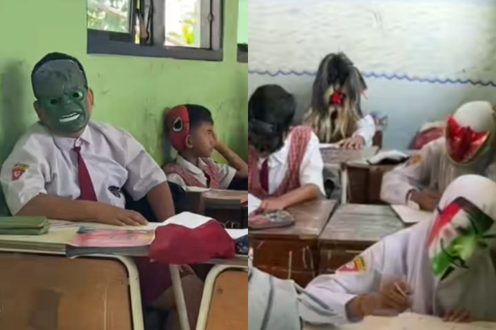 Viral Guru wajibkan siswa pakai topeng agar tidak bisa menyontek saat ujian. Foto: TikTok, @haya.co (tangkap layar)