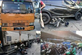 Foto-foto kompilasi kecelakaan beruntun truk tronton yang menabrak banyak motor dan mobil di Slipi, Jakarta Barat. Foto: tangkapan layar X @satria_gigin