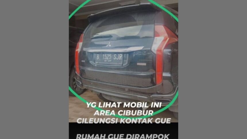 Mobil Pajero yang dibawa kabur perampok di Kota Wisata Cibubur, Bogor. Foto: Instagram @hanlift