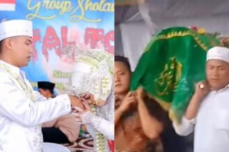 Momen Rika Amiyana dan Nur Kholiq usai ijab kabul (kiri). Jenazah Rika Amiyana dalam keranda. Foto: Tangkap layar TikTok @basrilhasan1