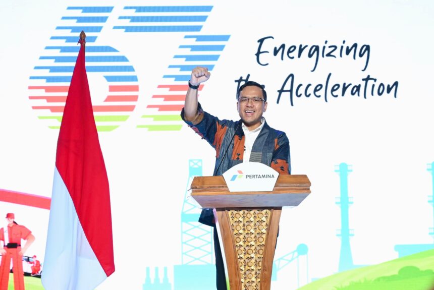 Direktur Utama Pertamina, Simon Aloysius Mantiri saat memberikan sambutan pada acara puncak perayaan Hari Ulang Tahun (HUT) ke-67 Pertamina di Grha Pertamina, Jakarta, Selasa (10/12/2024). Foto: Dok Pertamina