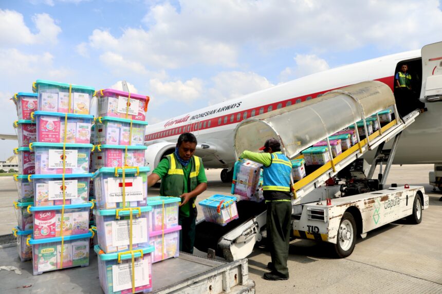 Sejumlah barang bantuan yang dikirim ke Vanuatu saat dimuat dalam pesawat pada Jumat (27/12/2024) di Lapangan Udara Halim Perdanakusuma Jakarta. Foto: Ist