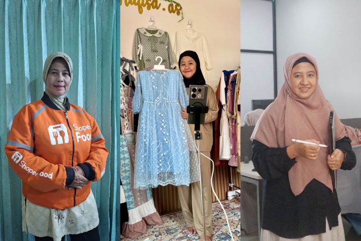 Reni Nofriyanti (55), Mitra Pengemudi ShopeeFood, Della Seni Nadia (29), Creator Shopee Video, dan Eva Rahmawati (40), Pemilik Nabnib.id (dari kiri ke kanan). Foto: Ist