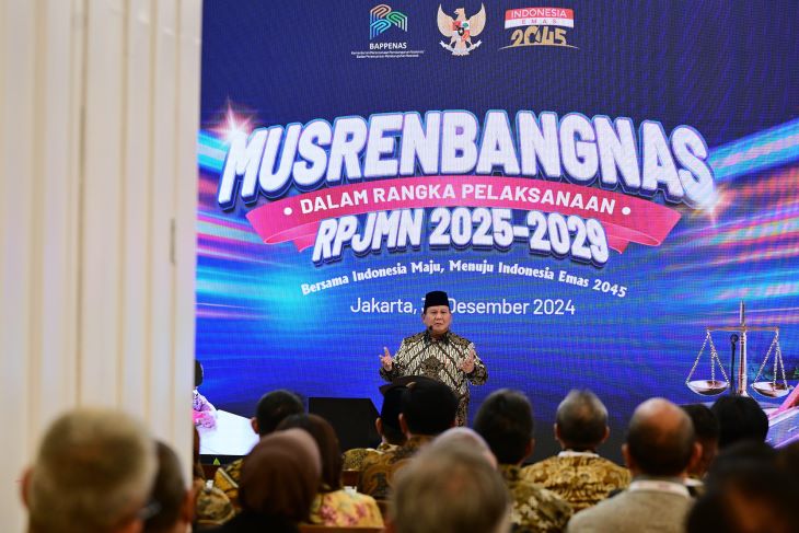 Presiden Prabowo Subianto di acara Musyawarah Perencanaan Pembangunan Nasional (Musrenbangnas) Rencana Pembangunan Jangka Menengah Nasional (RPJMN) 2025-2029.