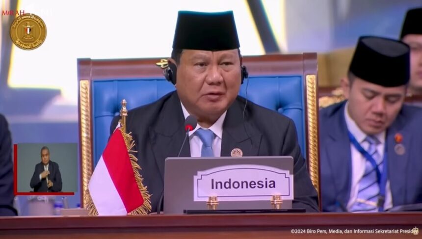 Presiden Prabowo Subianto memberikan sambutan pada sesi pleno KTT Ke-11 D-8, di Istana Kepresidenan New Administrative Capital, Kairo, Mesir, pada Kamis (19/12/2024). Foto: Tangkapan YouTube BPMI Setpres