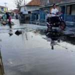 Banjir rob di Kabupaten Indramayu, Jawa Barat, mengakibatkan aktivitas warga masyarakat terganggu. Pengayuh becak hingga pengendara motor berupaya menghindari genangan. Foto: BPBD Kab. Indramayu