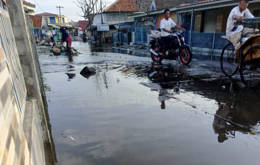 Banjir rob di Kabupaten Indramayu, Jawa Barat, mengakibatkan aktivitas warga masyarakat terganggu. Pengayuh becak hingga pengendara motor berupaya menghindari genangan. Foto: BPBD Kab. Indramayu