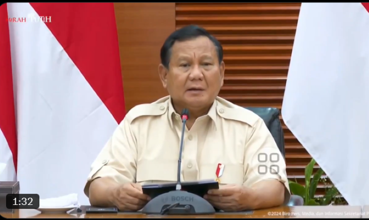 Presiden Prabowo Subianto resmi menyatakan akan memberlakukan PPN 12% mulai Januari 2024. Foto: Tangkapan Layar YouTube Merah Putih