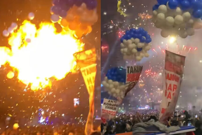 Balon meledak hingga mengeluarkan api saat perayaan malam tahun baru 2025. Foto: tangkap layar TikTok @dffapp_072