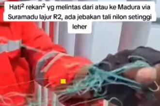 Geger benang nilon dipasang oknum di Jembatan Suramadu diduga untuk begal pengendara roda dua. Foto: Tangkap layar IG @maduratrending