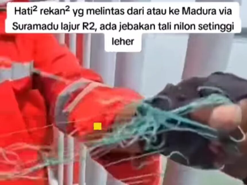 Geger benang nilon dipasang oknum di Jembatan Suramadu diduga untuk begal pengendara roda dua. Foto: Tangkap layar IG @maduratrending