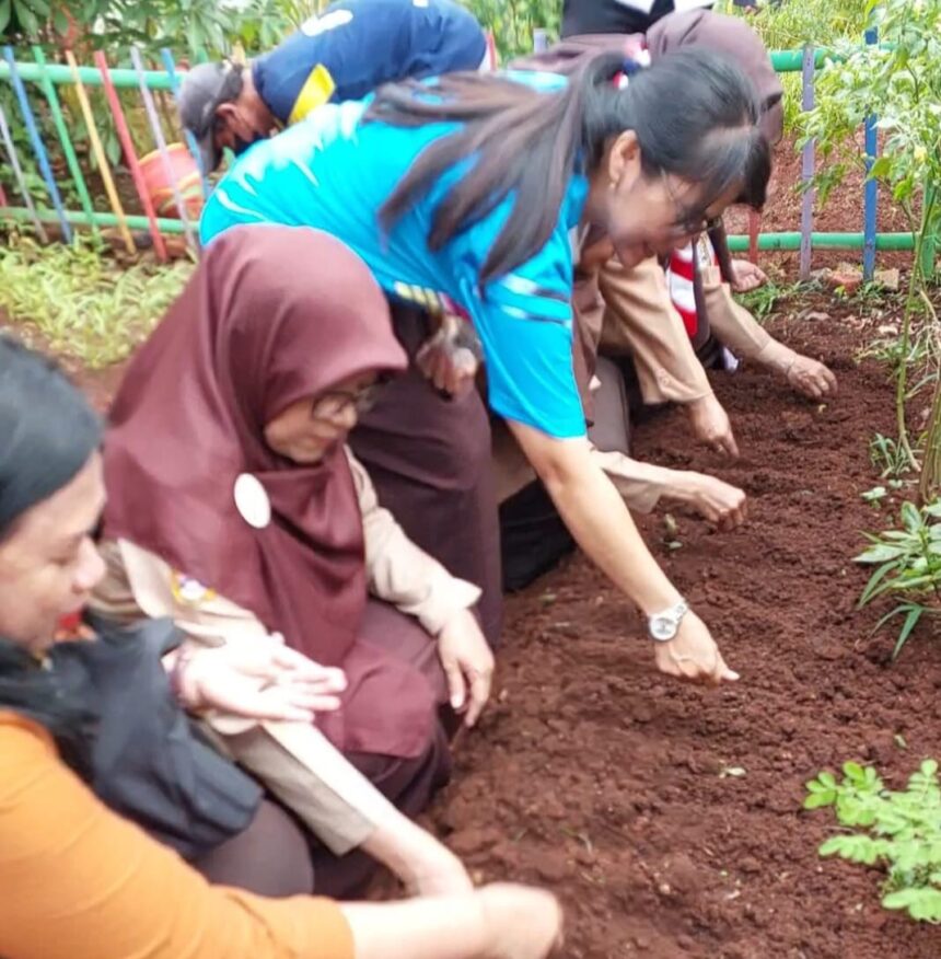 Para guru mempraktikkan langsung menanam bibit sayur dalam kegiatan urban farming yang digelar Suku Dinas Ketahanan Pangan Kelautan dan Pertanian (Sudin KPKP) Jakarta Timur di SDN Jatinegara Kaum 11 Pagi, Pulogadung, pada Rabu (15/1/2025) sore. Foto: Ist