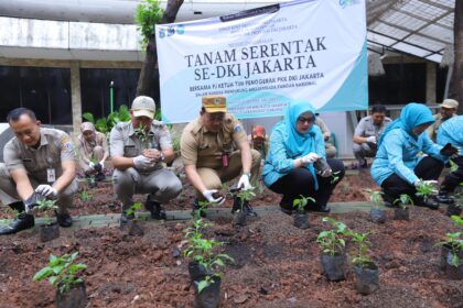 Sekretaris Kota Jakarta Timur, Kusmanto, bersama jajaran melakukan penanaman pohon serentak se-Jakarta di Green House Kantor Walikota Jakarta Timur, pada Selasa (21/1/2025). Foto: Ist