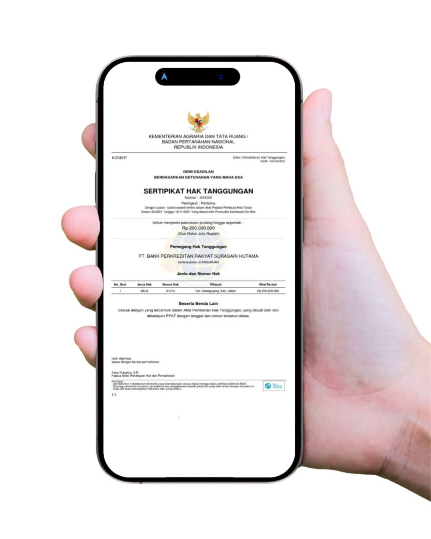 Sertipikat Hak Tanggungan Elektronik yang dikeluarkan Kementerian ATR/BPN. Foto: dok humas