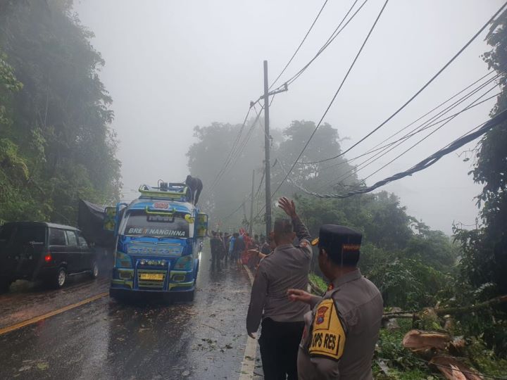 akses jalan Medan-Brastagi, Kabupaten Karo, terputus akibat pohon tumbang saat hujan lebat sejak Sabtu pagi, Foto: humas polri