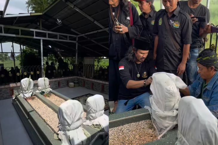 Momen pembongkaran yang dilakukan di makam di Dusun Bendo, Desa Kumitir, Kecamatan Jatirejo, Kabupaten Mojokerto, Jawa Timur, dilakukan pembongkaran, pada Selasa (14/1/2025). Foto: Tangkap layar IG @aslimojokertocom