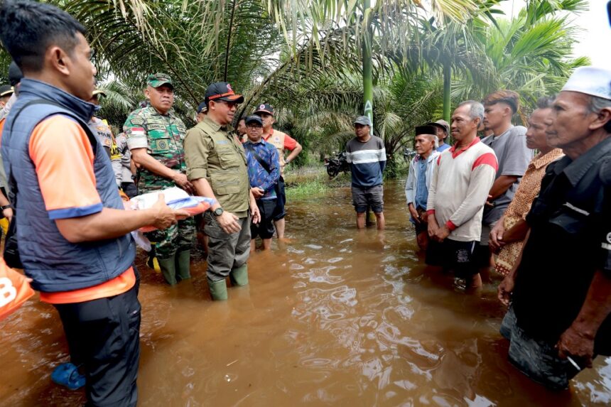 Kepala Badan Nasional Penanggulangan Bencana (BNPB) Suharyanto dan jajaran bersama Pemda setempat saat meninjau lokasi terdampak banjir di Desa Kuala Mandor A, Kabupaten Kubu Raya, Kalimantan Barat, pada Jumat (31/1/2025). Foto: BNPB