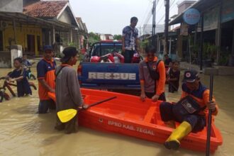 BPBD Kabupaten Tegal melakukan penanganan darurat banjir di Kabupaten Tegal dengan memberikan bantuan logistik kepada warga terdampak, pada Selasa (11/2/2025). Foto: BNPB