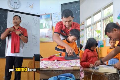 Momen Guru PJOK di SDN di Cianjur yang ajarkan siswanya seterika dan lipat baju. Foto: Tangkap layar TikTok @de.desul