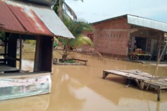 Kondisi banjir melanda puluhan rumah warga di wilayah Dharmasraya, Sumatera Barat, pada Jumat (21/2/2025). Foto: BPBD Dharmasraya