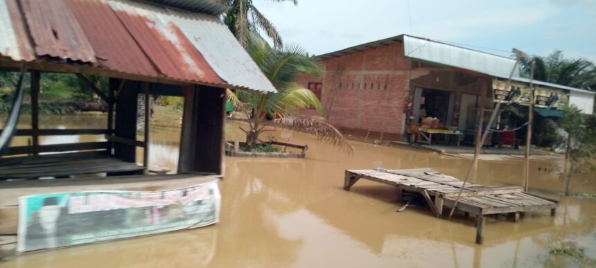 Kondisi banjir melanda puluhan rumah warga di wilayah Dharmasraya, Sumatera Barat, pada Jumat (21/2/2025). Foto: BPBD Dharmasraya