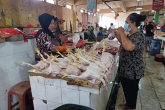 Pedagang ayam potong segar melayani pembeli di Pasar Kramat Jati, Jakarta Timur. Foto: Joesvicar Iqbal/dok/ipol.id