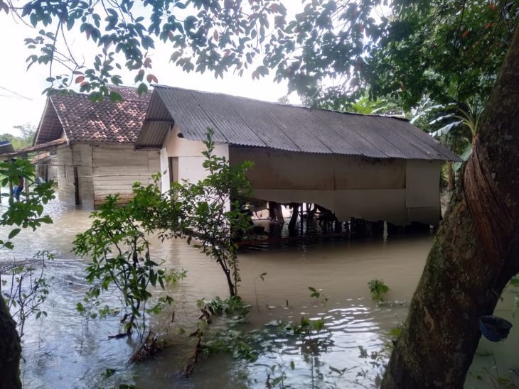 Kondisi wilayah terdampak banjir seperti jalan raya dan lingkungan perumahan warga terendam di Kabupaten Tulang Bawang, Provinsi Lampung, pada Sabtu (1/3/2025). Foto: BPBD Kabupaten Tulang Bawang