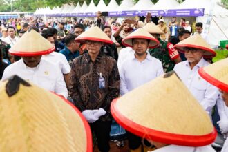 Direktur Jaringan dan Retail Banking Bank Mandiri Aquarius Rudianto bersama Menteri Koordinator Pangan Zulkifli Hasan dan sejumlah menteri Kabinet Merah Putih di sela kegiatan panen raya di Ngawi, Jawa Timur, Senin (3/3/2025). Foto: Bank Mandiri