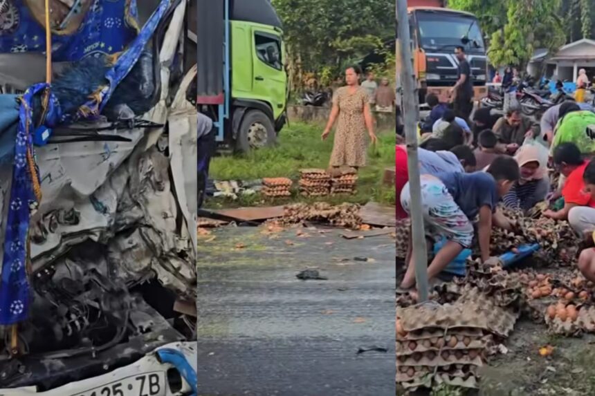 Viral Warga Ambil Telur Berserakan Usai Mobil Pickup Kecelakaan di Desa Aek Batu, Labusel, Sumatera Utara. Foto: Tangkap layar IG @fakta.indo