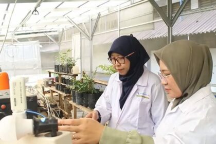 Fitria Nur Laily melakukan penelitian MFC ke lampu LED bersama promotornya Prof Dr Ir Sri Rachmania Juliastuti MEng. Foto: ITS