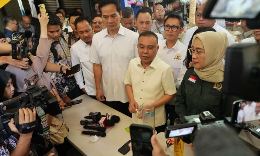 Wakil Ketua DPR Sufmi Dasco Ahmad saat ditanya wartawan usai sidak di Pasar Kramat Jati, Jakarta Timur, Jumat (14/3/2025). Foto: Parlementaria