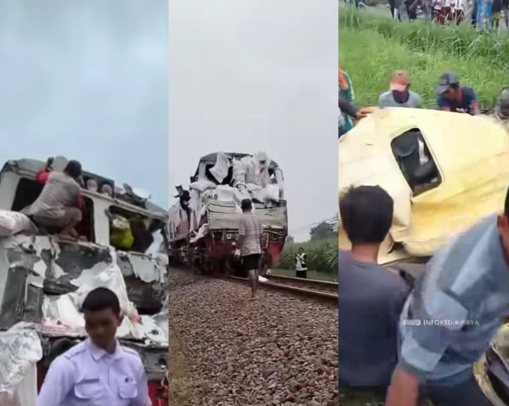 Kecelakaan truk bermuatan pupuk dalam kondisi ringsek setelah terlibat kecelakaan dengan KA Kertanegara di pelintasan tanpa palang pintu di KM 175+4 antara Stasiun Kras-Ngadiluwih, Kabupaten Kediri, Jawa Timur, Senin (10/3/2025). Foto: IG @infokediriraya