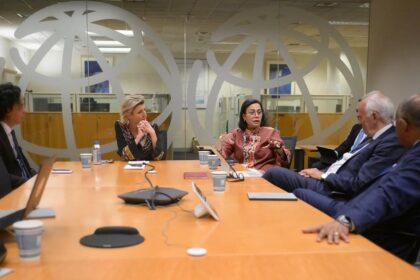 Menkeu Sri Mulyani Indrawati menggelar pertemuan bilateral dengan Patrick Achi dan Mark Malloch-Brown, External Advisors of the Bretton Woods Institutions. Foto: Instagram @smindrawati