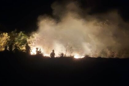 petugas gabungan berjibaku memadamkan api dalam kebakaran hutan dan lahan (Karhutla) yang terjadi di Kabupaten Padang Lawas Utara, Provinsi Sumatera Utara, Minggu (11/5/2025) malam. Foto: BPBD Kabupaten Padang Lawas Utara