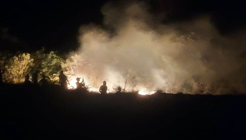 petugas gabungan berjibaku memadamkan api dalam kebakaran hutan dan lahan (Karhutla) yang terjadi di Kabupaten Padang Lawas Utara, Provinsi Sumatera Utara, Minggu (11/5/2025) malam. Foto: BPBD Kabupaten Padang Lawas Utara