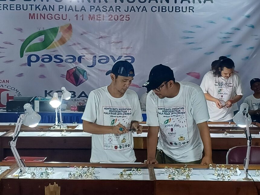 Tim juri melakukan penilaian sejumlah batu yang dilombakan dalam Kontes Batu Akik Nusantara Memperebutkan Piala Pasar Jaya Cibubur di Pasar Cibubur, Jakarta Timur, pada Minggu (11/5/2025) sore. Foto: Joesvicar Iqbal/ipol.id