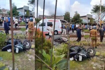 KA 170 Malioboro Ekspres relasi Purwokerto–Malang menabrak sejumlah kendaraan bermotor di perlintasan JPL No 08, Km 176+586, Emplasemen Stasiun Magetan. Senin (19/5/2025) pukul 12.49 WIB. Foto: Tangkapan layar X @sahabat_kereta