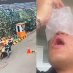 Penumpang ojol terkena palang parkir otomatis karena pengemudi terobos palang parkir. Foto: Tangkapan layar Instagram @michaelangelomanurung