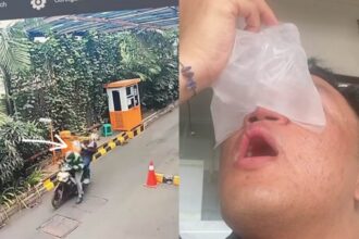 Penumpang ojol terkena palang parkir otomatis karena pengemudi terobos palang parkir. Foto: Tangkapan layar Instagram @michaelangelomanurung