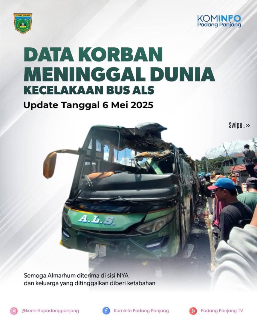 Data korban meninggal dunia pasca kejadian kecelakaan bus Antar Lintas Sumatera (ALS) yang merenggut belasan korban jiwa di Padang Panjang, Sumatera Barat (Sumbar), Rabu (7/5/2025). Foto: Kominfo Padang Panjang-Ist