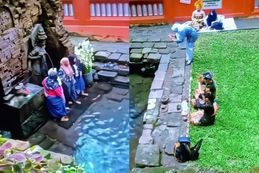 Emak-emak berkerudung berfoto di tempat ibadah umat Hindu saat mereka sedang sembahyang. Foto: Tangkapan layar X @Heraloebss