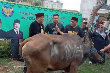 Ketua Umum Dewan Adat Bamus Betawi, Muhammad Rifqi alias Eki Pitung bersama Wakil Ketua Umum Dewan Adat Bamus Betawi, Heikal Safar, dalam melaksanakan pemotongan hewan kurban di Idul Adha 1446 Hijriah/2025 M di Museum MH Thamrin, Jakarta dan Kota Bekasi, Jawa Barat, Ahad (8/6/2025). Foto: Ist