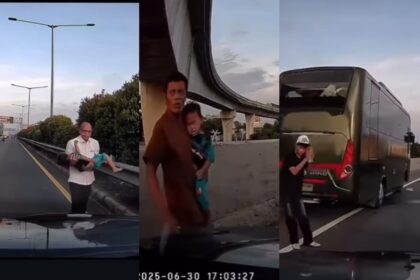 Insiden bocah terjatuh dari bus di Tol JORR Joglo Ciledug-Veteran Bintaro, Senin (30/06/25). Foto: Tangkapan layar Instagram @ciledug24jam
