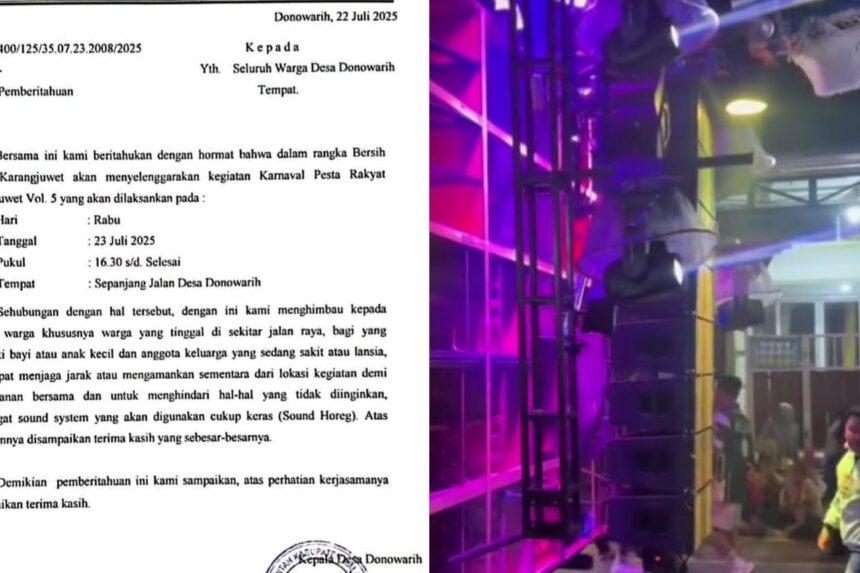 Pemerintah Desa Donowarih resmi menerbitkan surat pemberitahuan yang cukup tak biasa. Isinya meminta warga khususnya yang memiliki bayi, anak kecil, lansia, atau anggota keluarga yang sedang sakit untuk menjaga jarak atau sementara waktu menjauh dari lokasi karnaval karena penggunaan sound system berdaya tinggi alias sound horeg. Foto: Tangkap layar IG @malang_info