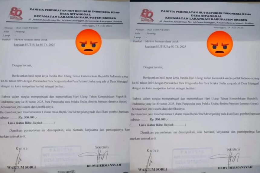 Surat sumbangan dana (iuran) untuk kegiatan HUT RI ke-80 tahun yang ditujukan panitia kepada para pelaku usaha di Desa Sitanggal Kecamatan Larangan Kabupaten Brebes. Foto: Tangkap layar @UpdateBrebesId