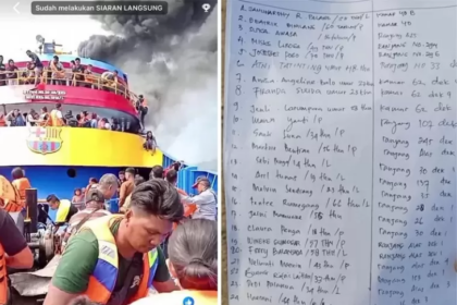 KM Barcelona V yang terbakar di Pulau Talise, Kabupaten Minahasa Utara, Sulawesi Utara atau Sulut. Foto: X @CakD3pp